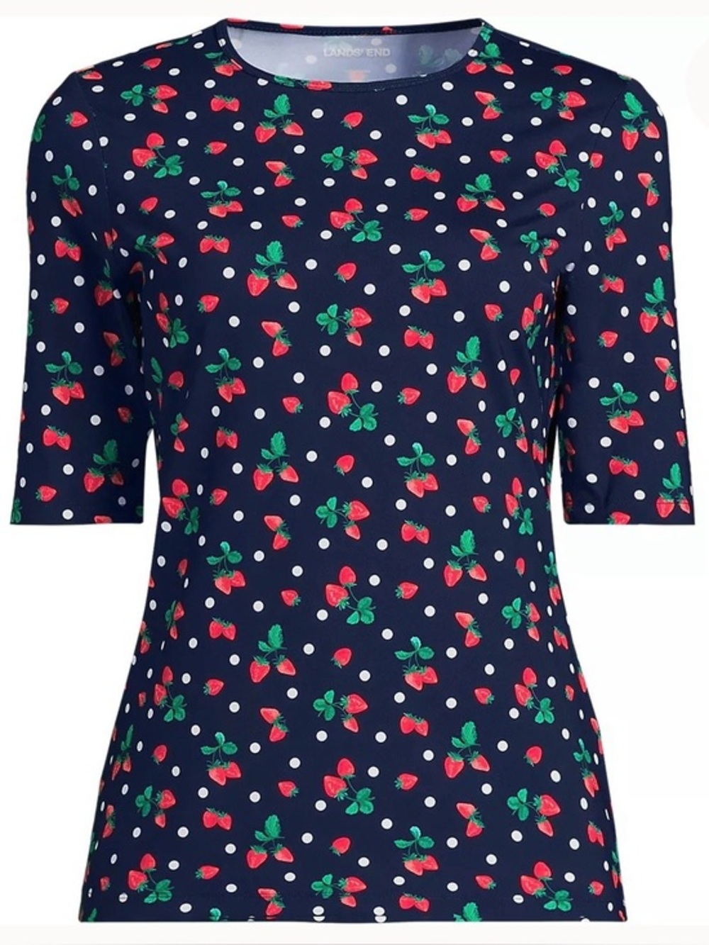 Lands End Women’s SPF 50+ Strawberry Polka Dot Shirt Elbow Length Sleeves Medium